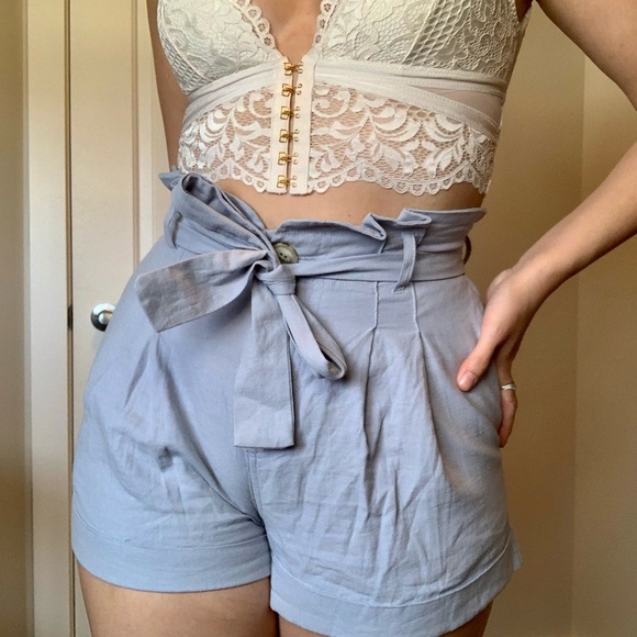 Blue Paperbag Waist Shorts - Picture 2 of 14